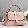 Detail of pink woven crossbody bag with metallic gold hardware and leather top handle - Pink