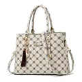 Off-white large printed tote bag with floral pattern, gold logo, and cat tassel charm - Off-white/Off-white Print