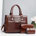 Brown lizard embossed patent leather 3-piece handbag set with tote and wallet - Coffee