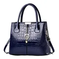 Navy blue crocodile pattern tote bag in glossy leather with gold cat pendant - Sapphire Blue