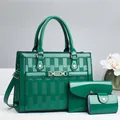 Detailed macro view of the glossy emerald green patent leather and textured grid pattern - Three-Piece Set / 28x10x11cm / Green