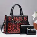 Detailed set of leopard print tote bag with shiny black patent leather clutch and card holder - Red
