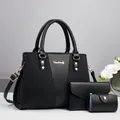 Three-piece black tote bag set including large shoulder bag, wallet and small pouch - Black