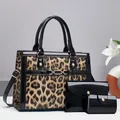Detailed set of leopard print tote bag with black patent leather pouch and coin purse - Khaki