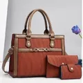 Three-piece red-brown fashion handbag set with vertical texture and metal buckle - 28x11x21cm / Earthy Yellow