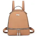 Detail of brown woven texture fabric and silver zipper hardware on the travel backpack - Apricot