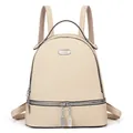 Macro view showing woven texture detail and metal zipper on this beige backpack - Khaki