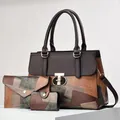 Three-piece set of vintage color-block patchwork tote bags with a gold circular metal lock - Brown Tan Khaki & Dark Grey Patchwork (Style 5)