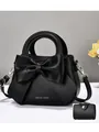 Elegant black handbag with large bow detail and detachable strap, includes coin purse - Black Handbag With Wallet / Black