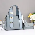 Chic blue and white denim contrast handbag set with gold hardware and shoulder strap - Blue