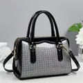 Elegant black patent leather Boston bag with silver sequins and gold hardware detail - Gray