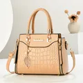 Elegant beige crocodile embossed leather handbag with gold leaf charm for women - Khaki