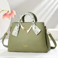Dark green lychee pattern PU leather handbag with silk scarf handle and gold hardware - Green