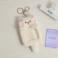 Cute white plush cat photo card holder with clear window and silver keychain clip - White Cat Shape
