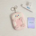 Pink plush cartoon photo holder keychain with clear window and silver metal clip - Pink Toast