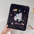 Detail of black plush A5 binder with rainbow unicorn embroidery and soft fur texture - Black Plush Cover / Without Inner Pages