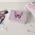 Close-up of a lavender tin storage box with pink butterfly and Hisocute text design - Beige Butterfly