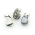 Water-drop natural stone pendants with silver clasps in green and blue-white marbled patterns - Style 1 (Green and White Mixed Texture)