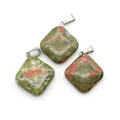 Three square unakite stone pendants with silver stainless steel bails on white background - Rhombus Square Style (1065-T250716016) / Unakite
