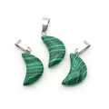 Malachite stone crescent moon pendant with natural green stripes and silver clasp - Malachite