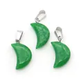 Polished green natural stone crescent moon pendants with silver stainless steel bails - Green Chalcedony