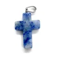 Macro view of blue and white marble-textured natural stone cross pendant with silver bail - 18X29mm / Sodalite