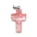 Detailed view of pink quartz cross pendant with silver bail and natural stone texture - 18X29mm / Watermelon Crystal
