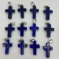 Blue lapis stone cross pendants with silver bails in a twelve piece bulk set display - 18x29mm / Lapis Lazuli