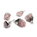 Set of 5 natural raw rose quartz stone pendants with hammered silver metal bails - Strawberry Quartz Silver