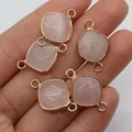 Conector de piedra rosa translúcida con borde dorado para bisutería DIY - Cuarzo rosa
