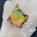 Square gradient natural stone pendant with iridescent crystal and textured gold frame - Small / Multicolor