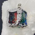 Artistic iridescent opal stone pendant in a square cube shape with silver metal trim - Multicolor Iridescent