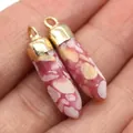 Pink speckled natural stone hexagonal pendant with polished golden metal cap - Pink Mixed Stone