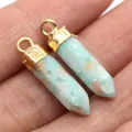 Blue natural stone hexagonal bullet pendant with gold-plated metal cap for DIY jewelry - Blue Mixed Stone
