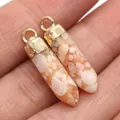 Pink and tan natural stone hex column pendants with gold metal caps for jewelry making - Orange Mixed Stone