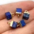 Set of 5 blue imperial stone cube pendants with gold caps held in hand for DIY - 5x10mm