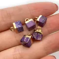 Set of 5 purple imperial stone cube charms with golden caps for DIY jewelry crafting - 5x10mm / Purple Texture (No. 6)