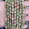 Polished teardrop natural stone beads with green and orange texture for jewelry - Unakite