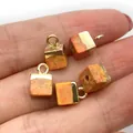 Set of four 5x10mm cube Imperial Jasper stone pendants in orange with gold bails - 5x10mm / Orange Brown Texture (No. 8)