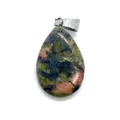 Polished Unakite teardrop stone pendant with green and pink patterns and silver bail - Unakite