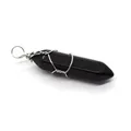 Gepolijste zeshoekige zwarte agaat hanger met zilverdraadwikkeling en lus - Zwarte Agaat Met Zilverdraad