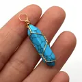 Handgemaakte goudkleurige draadomwikkelde blauwe turquoise zeshoekige prisma hanger - 10x40mm / Blauw Turkoois