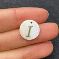 White natural shell round charm with golden letter I for DIY necklace jewelry making - Letter I