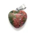 Unakite heart stone pendant with polished silver clasp for DIY jewelry necklace - 16x18mm / Unakite
