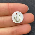 Natural shell round pendant with golden letter V for DIY jewelry necklaces - Letter U
