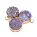 Three round purple drusy crystal pendants with gold plated borders for jewelry making - Purple (No. 7)