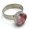 Adjustable silver ring featuring a 20mm round raw pink crystal stone cluster - Silver Pink Druzy Style (N)