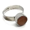 Adjustable silver ring with 10mm round brown natural stone and handmade texture - Silver Brown Stone Style (M)