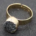 Adjustable gold ring featuring a 20mm round black druzy stone with crystal texture - Gold Black Druzy Style (E)