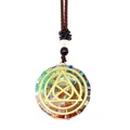 Close-up of Orgone energy stone pendant with colorful natural stones and gold geometry - Spiritual Triangle Symbol Style (3-18)